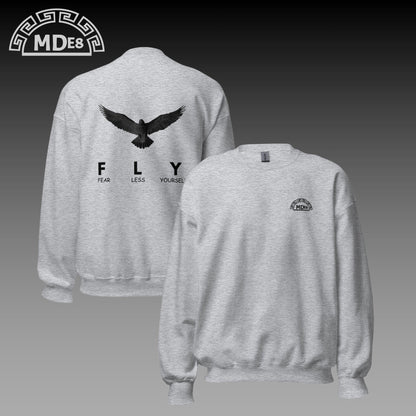 Gray sweatshirt with eagle design on the back and logo on the front, on a white background
