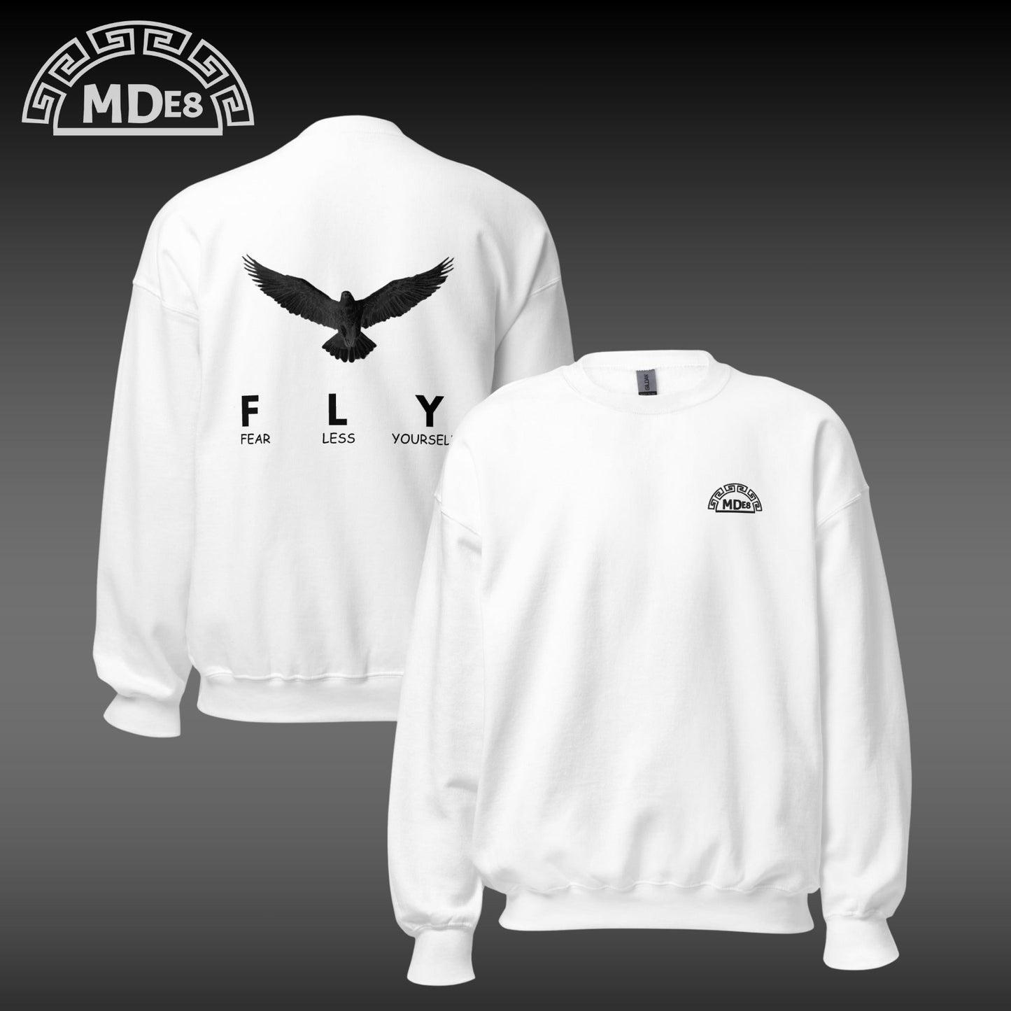 White sweatshirt with eagle design and text on front and back