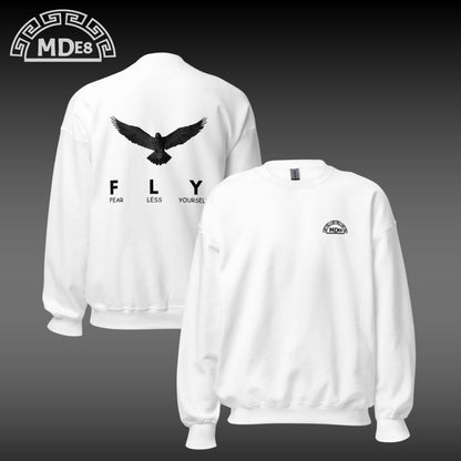 White sweatshirt with eagle design and text on front and back