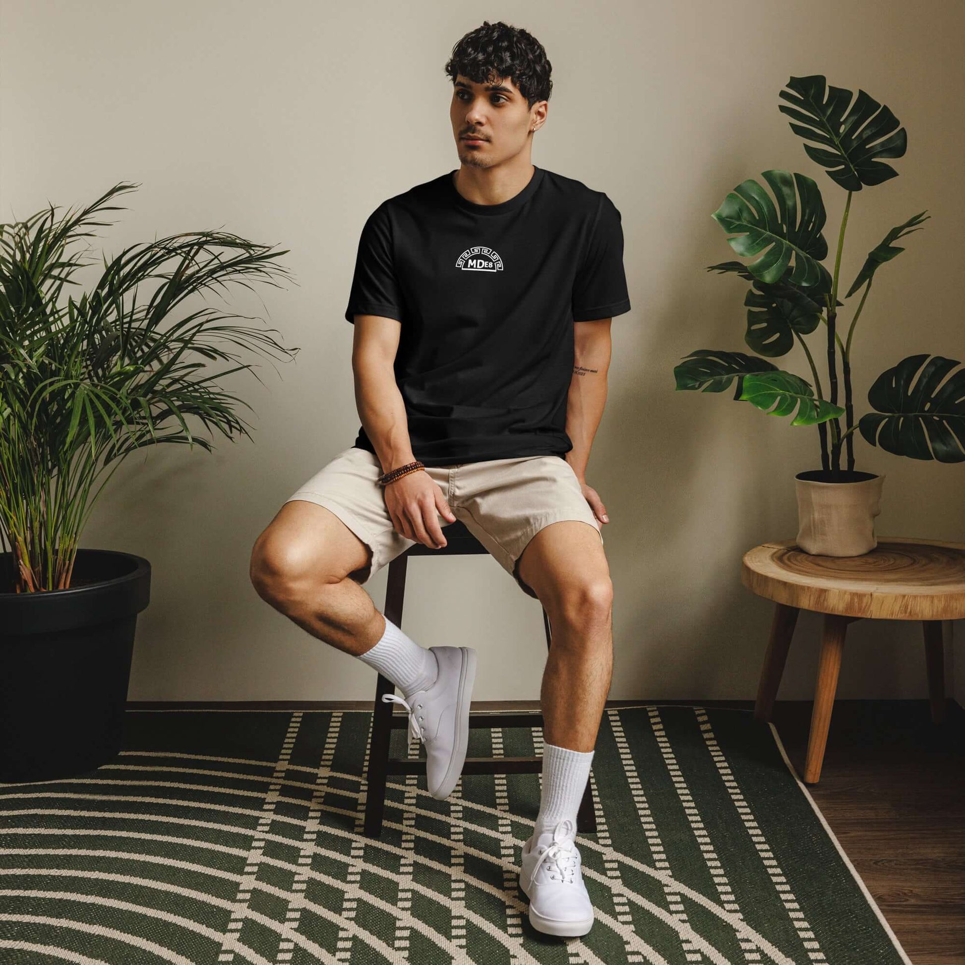 MDE8 Core Logo Tee – Eco Print Front – Model Wearing
